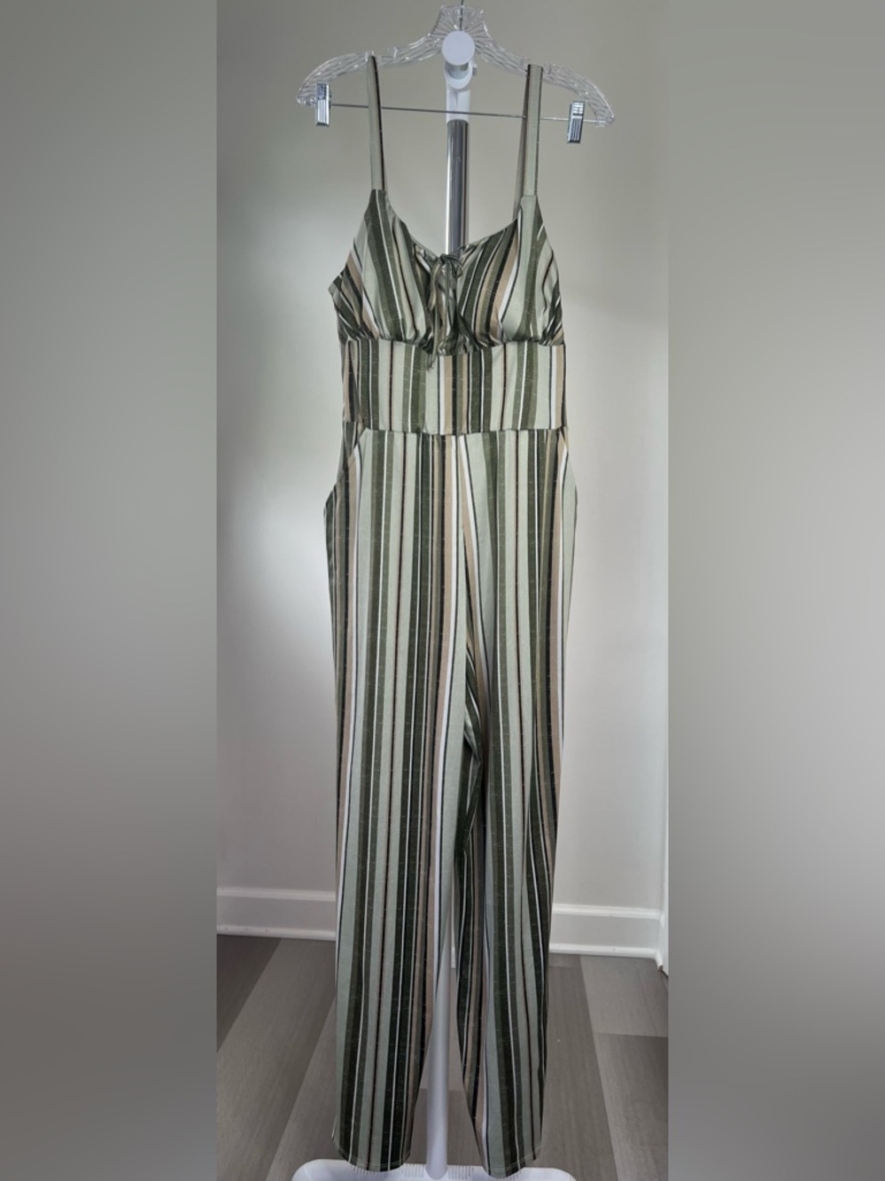 Derek Heart Striped Olive Green Wide Leg Jumpsuit-Size XL